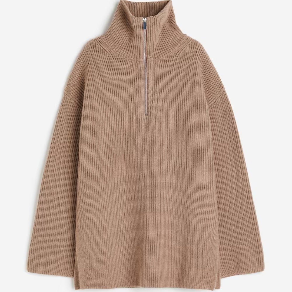 Rib-knit Half-zip Sweater, Beige, sz XXL